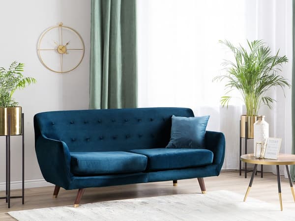 Sohva laivastonsininen sametti verhoiltu puu kolmelle napitettu retro glamour tyyli