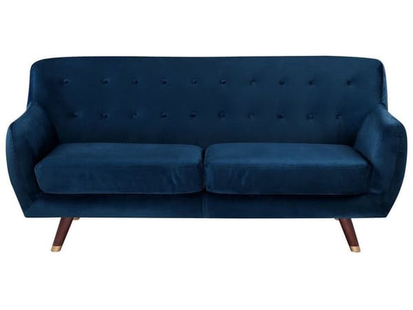 Sohva laivastonsininen sametti verhoiltu puu kolmelle napitettu retro glamour tyyli