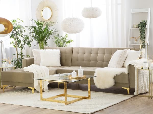 Kulmavuodesohva hiekanruskea 267 x 168 x 83 cm samettiverhoilu metalli vaneri neljälle oikea