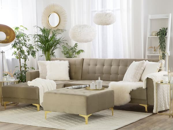 Kulmavuodesohva hiekanruskea 267 x 168 x 83 cm samettiverhoilu metalli vaneri neljälle oikea rahi