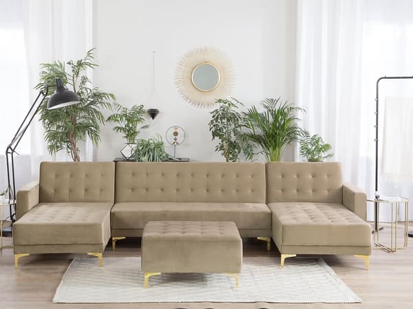 U-kulmavuodesohva hiekanruskea 348 x 168 x 83 cm samettiverhoilu metalli vaneri viidelle rahi