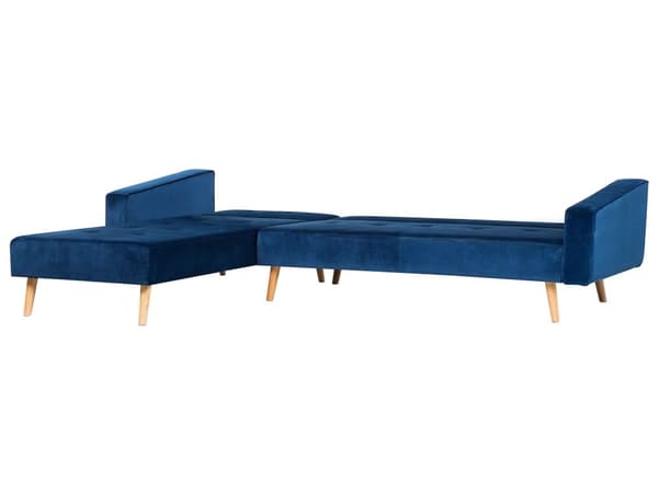 Hörnbäddsoffa med 3 Kuddar Blå Sammet Träben Högervänd Schäslong 4-sits