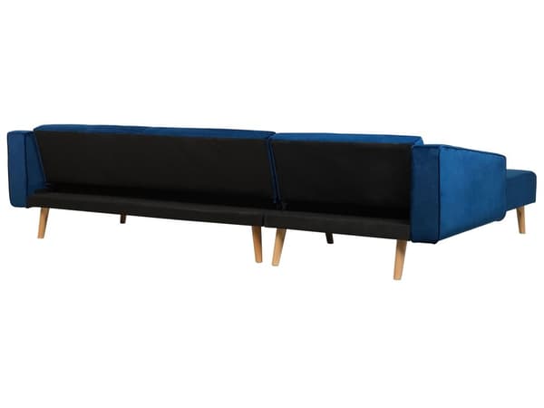 Hörnbäddsoffa med 3 Kuddar Blå Sammet Träben Högervänd Schäslong 4-sits