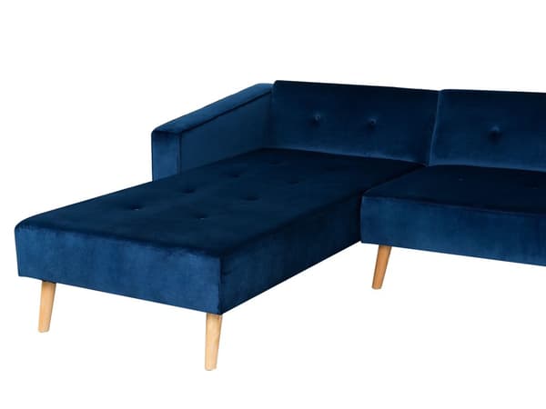 Hörnbäddsoffa med 3 Kuddar Blå Sammet Träben Högervänd Schäslong 4-sits