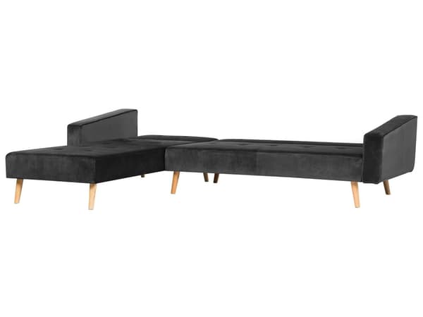 Hörnbäddsoffa med 3 Kuddar Svart Sammet Träben Högervänd Schäslong 4-sits