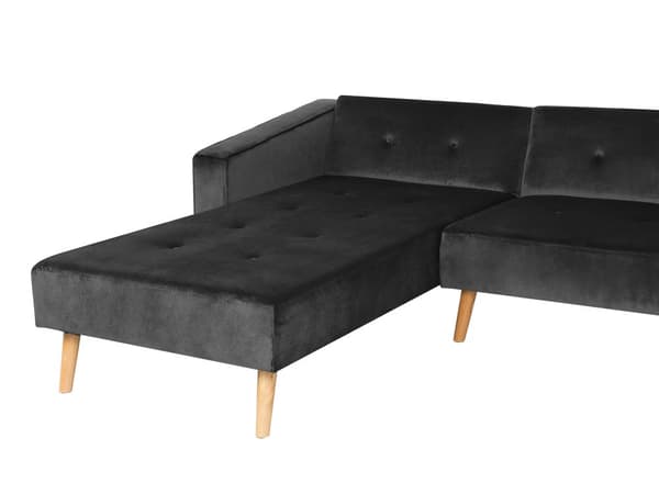 Hörnbäddsoffa med 3 Kuddar Svart Sammet Träben Högervänd Schäslong 4-sits