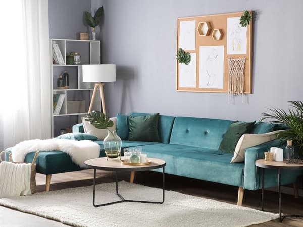 Hörnbäddsoffa med 3 Kuddar Grön Sammet Träben Högervänd Schäslong 4-sits