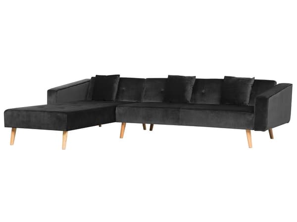 Højre hjørnesovesofa sort velour 4-personers 3 pyntepuder med sovefunktion skandinavisk stil