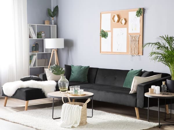 Højre hjørnesovesofa sort velour 4-personers 3 pyntepuder med sovefunktion skandinavisk stil