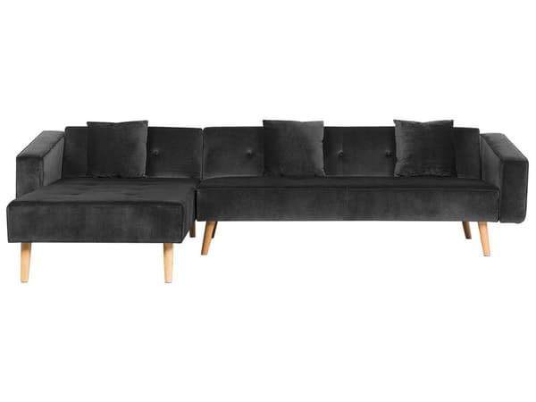Højre hjørnesovesofa sort velour 4-personers 3 pyntepuder med sovefunktion skandinavisk stil