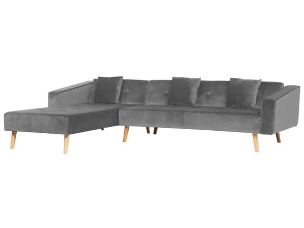 Højre hjørnesovesofa grå velour 4 personers 3 pyntepuder med sovefunktion skandinavisk stil