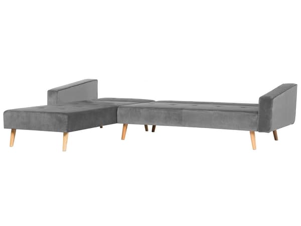 Højre hjørnesovesofa grå velour 4 personers 3 pyntepuder med sovefunktion skandinavisk stil