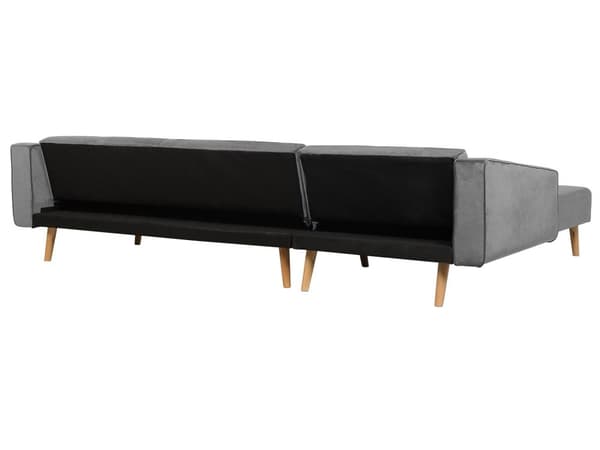 Højre hjørnesovesofa grå velour 4 personers 3 pyntepuder med sovefunktion skandinavisk stil