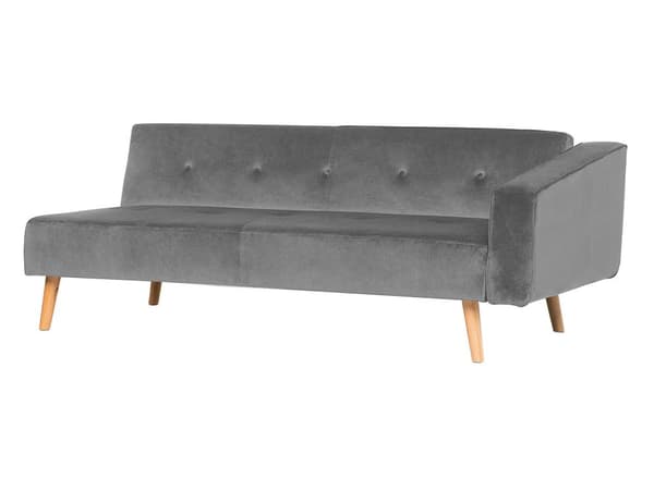 Højre hjørnesovesofa grå velour 4 personers 3 pyntepuder med sovefunktion skandinavisk stil