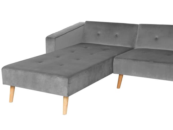 Højre hjørnesovesofa grå velour 4 personers 3 pyntepuder med sovefunktion skandinavisk stil