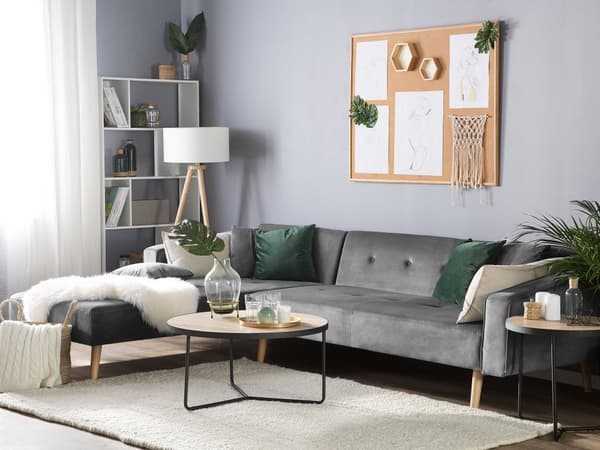 Højre hjørnesovesofa grå velour 4 personers 3 pyntepuder med sovefunktion skandinavisk stil