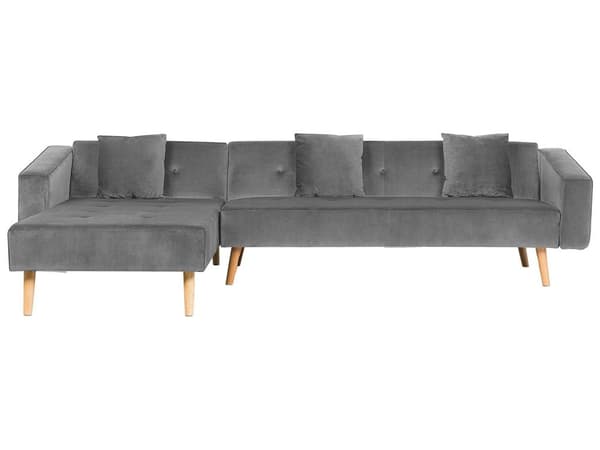 Højre hjørnesovesofa grå velour 4 personers 3 pyntepuder med sovefunktion skandinavisk stil