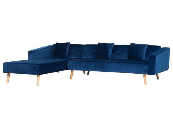 Højre hjørnesovesofa navy blå velour 4 personers 3 pyntepuder med sovefunktion skandinavisk stil