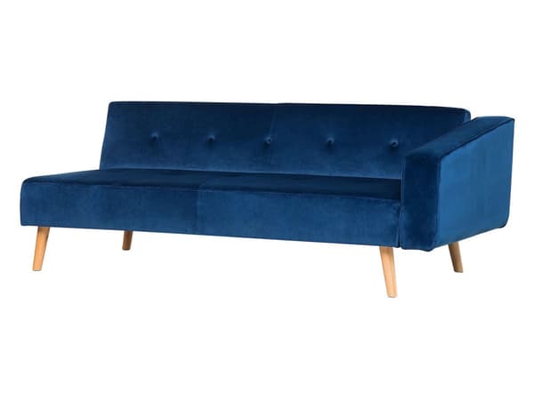 Højre hjørnesovesofa navy blå velour 4 personers 3 pyntepuder med sovefunktion skandinavisk stil