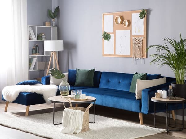 Højre hjørnesovesofa navy blå velour 4 personers 3 pyntepuder med sovefunktion skandinavisk stil