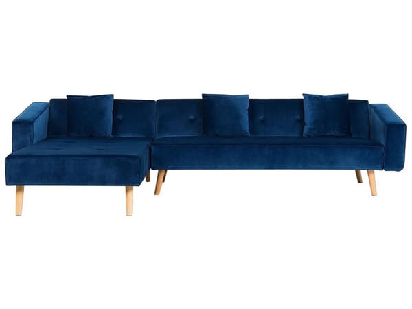 Højre hjørnesovesofa navy blå velour 4 personers 3 pyntepuder med sovefunktion skandinavisk stil
