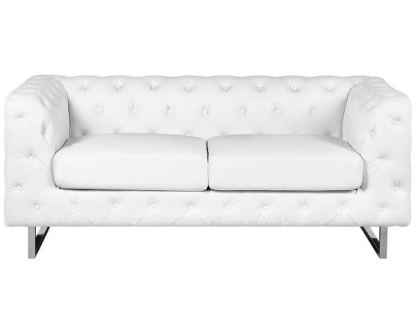 2-sits Soffa i Chesterfield-stil Vita Armar Knappat Ryggstöd Silver Ben Konstläder