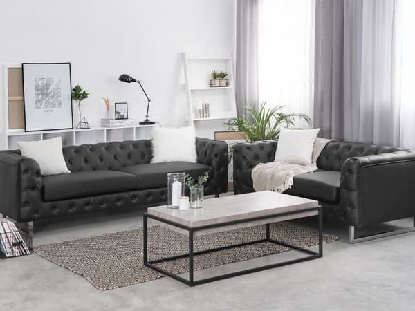 3 + 2-sits Soffgrupp i Chesterfield-stil Svart Knappat Ryggstöd Silver Ben Konstläder