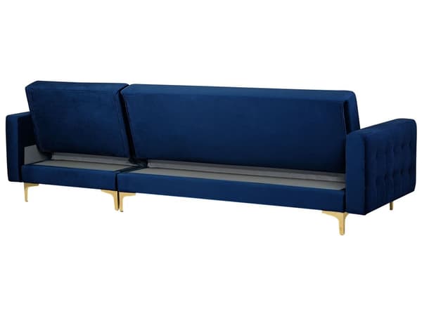 Hjørnesofa Chaiselong Blå Velour Skumfyld og Guld Krom Metalben 4 personers L-formet Moderne Tuftet Klik Klak modul Sovefunktion Stue dekor