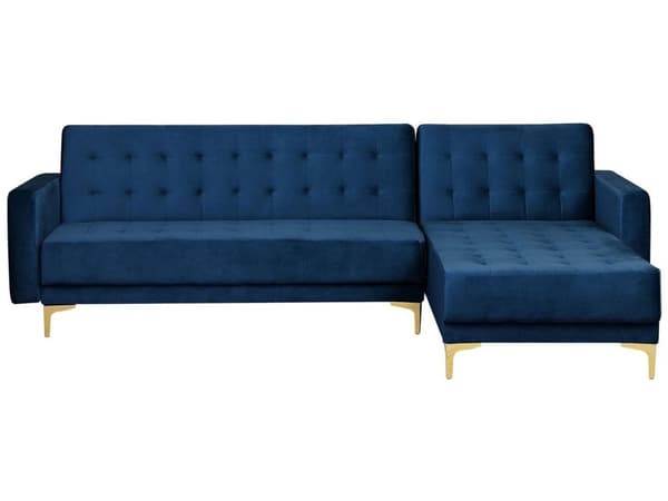 Hjørnesofa Chaiselong Blå Velour Skumfyld og Guld Krom Metalben 4 personers L-formet Moderne Tuftet Klik Klak modul Sovefunktion Stue dekor
