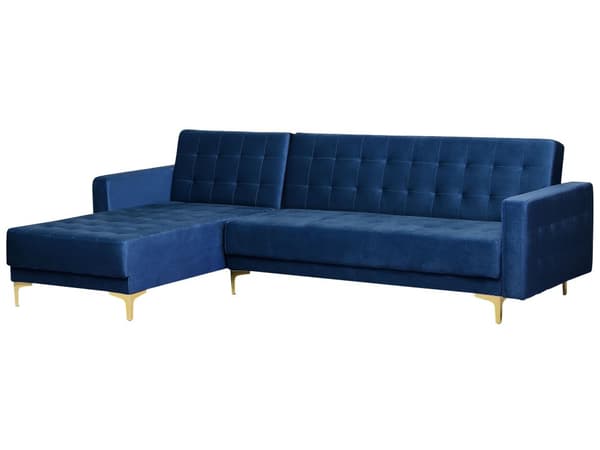 Hjørnesofa Chaiselong Blå Velour Skumfyld og Guld Krom Metalben 4 personers L-formet Moderne Tuftet Klik Klak modul Sovefunktion Stue dekor