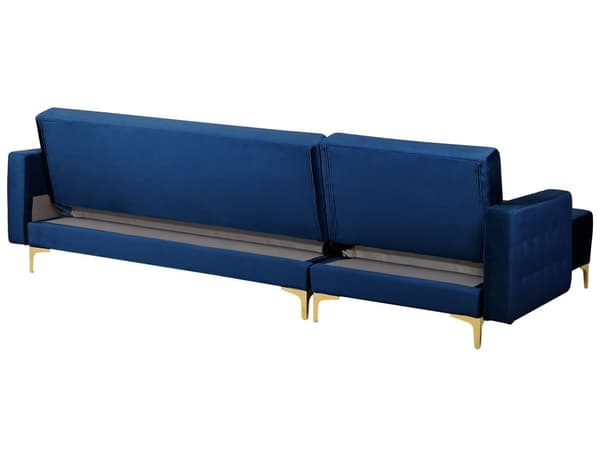 Hjørnesofa Chaiselong Blå Velour Skumfyld og Guld Krom Metalben 4 personers L-formet Moderne Tuftet Klik Klak modul Sovefunktion Stue dekor