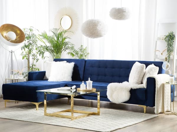 Hjørnesofa Chaiselong Blå Velour Skumfyld og Guld Krom Metalben 4 personers L-formet Moderne Tuftet Klik Klak modul Sovefunktion Stue dekor
