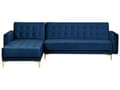 Miniatyrbillede 1 af 8: Hjørnesofa Chaiselong Blå Velour Skumfyld og Guld Krom Metalben 4 personers L-formet Moderne Tuftet Klik Klak modul Sovefunktion Stue dekor
