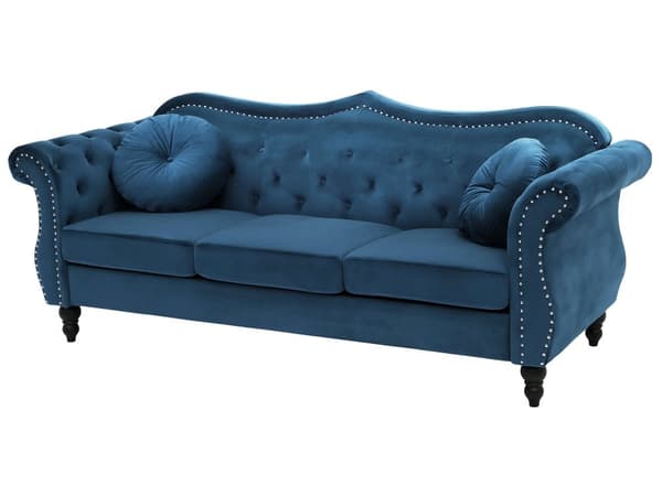 Soffa Blå Sammet 3-sits Spikhuvud Knappar Tuftade Kuddar Rullarmar Glam