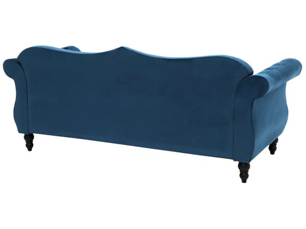 Soffa Blå Sammet 3-sits Spikhuvud Knappar Tuftade Kuddar Rullarmar Glam