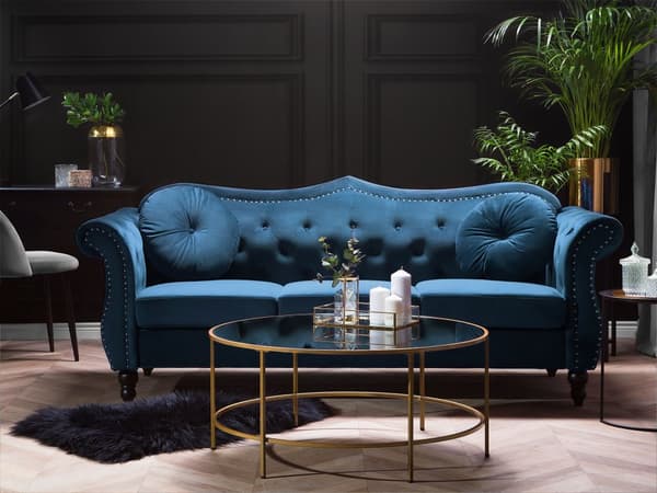 Soffa Blå Sammet 3-sits Spikhuvud Knappar Tuftade Kuddar Rullarmar Glam