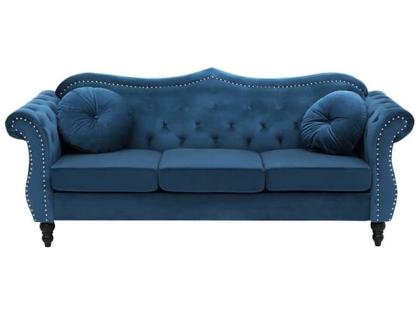 Soffa Blå Sammet 3-sits Spikhuvud Knappar Tuftade Kuddar Rullarmar Glam