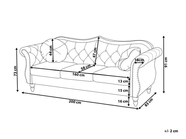 Soffa Svart Sammet 3-sits Spikhuvud Knappar Tuftade Kuddar Rullarmar Glam