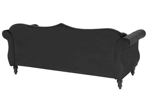Soffa Svart Sammet 3-sits Spikhuvud Knappar Tuftade Kuddar Rullarmar Glam