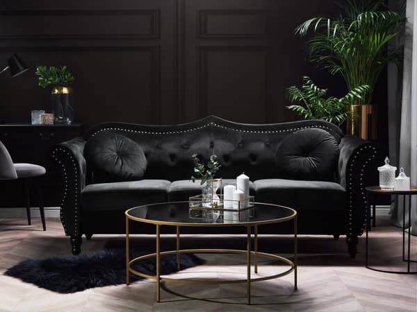 Soffa Svart Sammet 3-sits Spikhuvud Knappar Tuftade Kuddar Rullarmar Glam