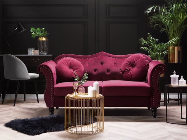 Soffa Röd Sammet 3-sits Spikhuvud Knappar Tuftade Kuddar Rullarmar Glam