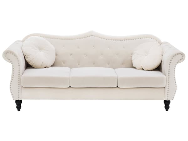 Soffa Beige Sammet 3-sits Spikhuvud Knappar Tuftade Kuddar Rullarmar Glam