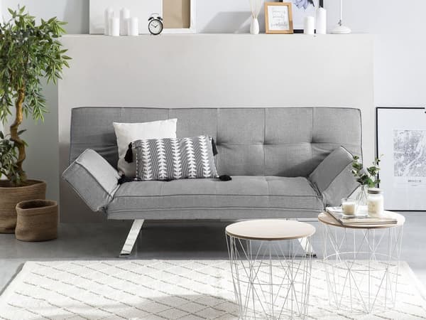 Vuodesohva vaaleanharmaa 180 x 74 x 84 cm polyesteri metalli puu kolmelle säädettävä