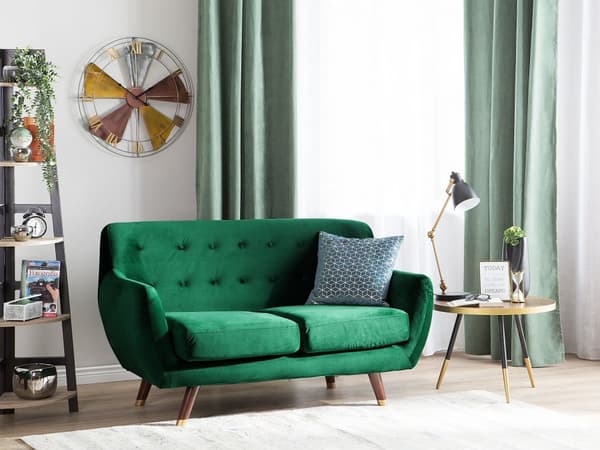 2 Personers Sofa Flaskegrønne Velour Quiltede Ben Mørkt Træ med Gylden Glamourøs Stil