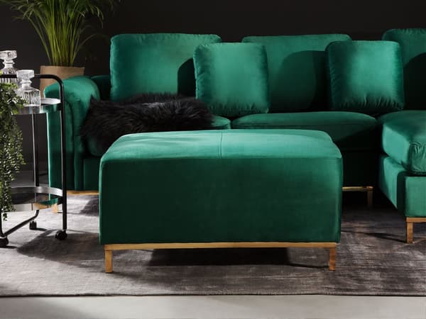 Venstrevendt Grøn Velour Hjørnesofa med Skammel og Stuehynder