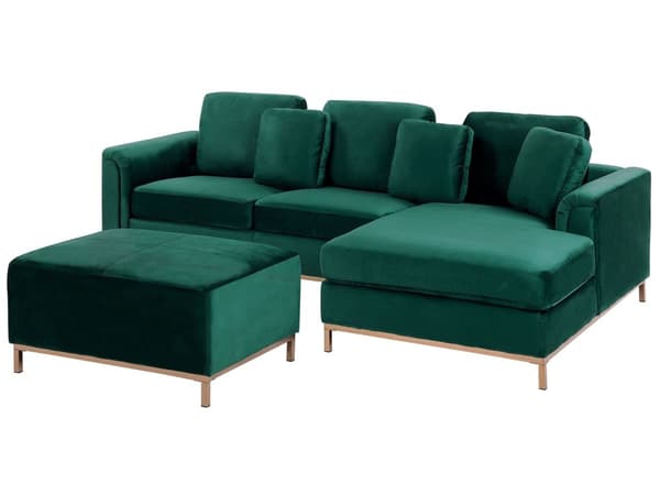 Venstrevendt Grøn Velour Hjørnesofa med Skammel og Stuehynder