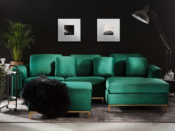 Venstrevendt Grøn Velour Hjørnesofa med Skammel og Stuehynder