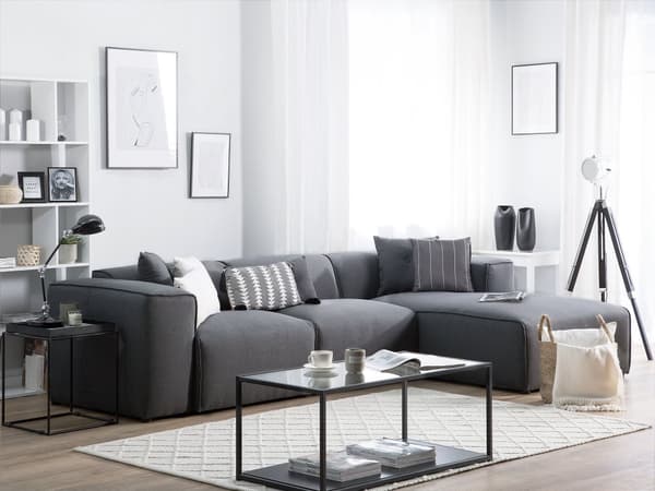 Hjørnesofa Mørkegrå Polyester Skum 3 Personers Blød Rund Flyder Sofa med Bred Chaiselong Open End Pyntepuder Tilbehør Moderne Stue Indretning