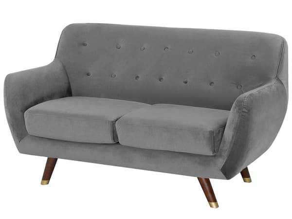 2 Personers Grå Velour Sofa Quiltede Ben Mørkt Træ med Gylden Glamour Moderne Stil