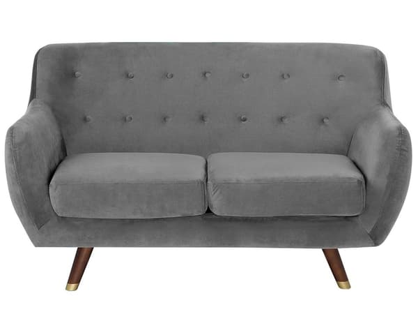 2 Personers Grå Velour Sofa Quiltede Ben Mørkt Træ med Gylden Glamour Moderne Stil